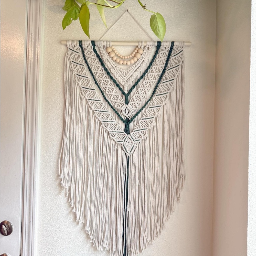 Handmade Bohemian White and Green Macrame Wall Tapestry